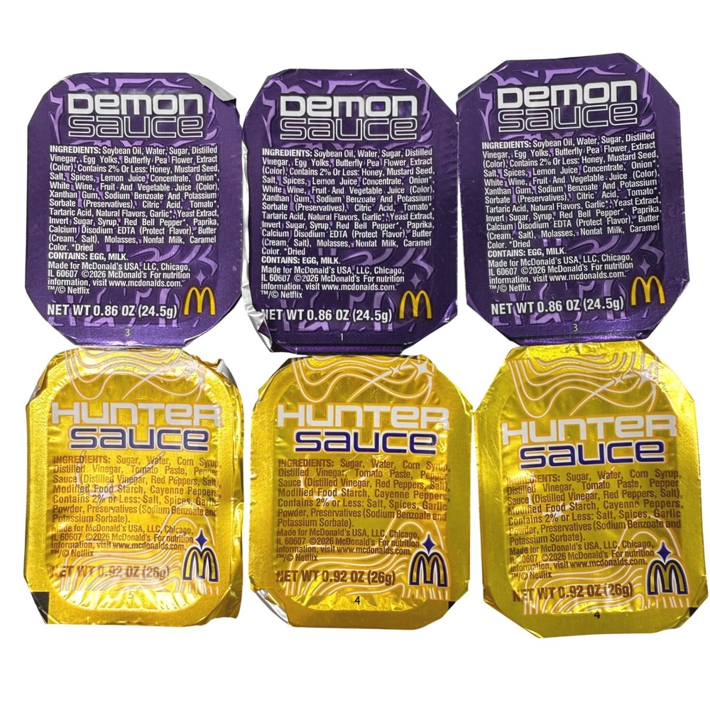 2026 McDonalds Kpop Demon Hunters Demon Sauce & Hunter Sauce 6 Pack Netflix NEW